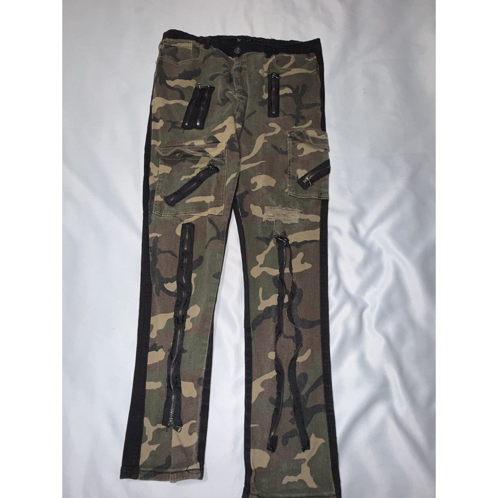 Waimea Men's Green Camo Skinny Fit Distressed Urban Streetwear Moto Jeans 36x32